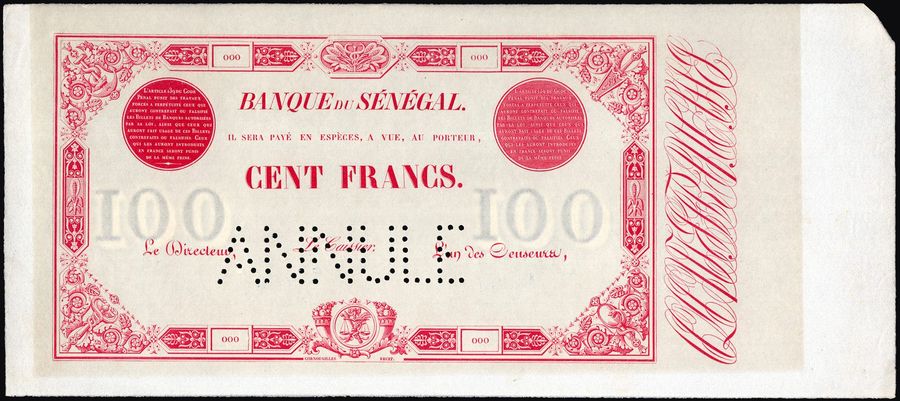 Sénégal, 100 Francs type 1854 modifié 1874 spécimen annulé