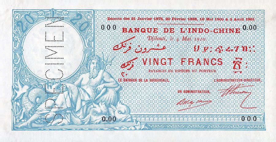 Côte française des Somalis, 20 Francs type 1909 bleu et rouge Djibouti spécimen