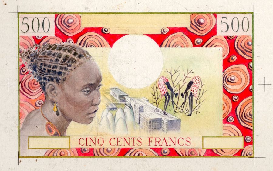 Aquarelle originale par Raymond Vaudiau pour le recto du 500 francs type 1974