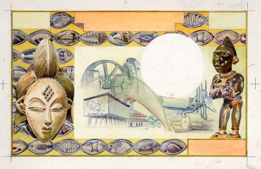 Aquarelle originale par Raymond Vaudiau pour le verso omnibus du 5000 Francs type 1973